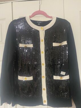 BCBG Black Sequin Cardigan with Cream Trim